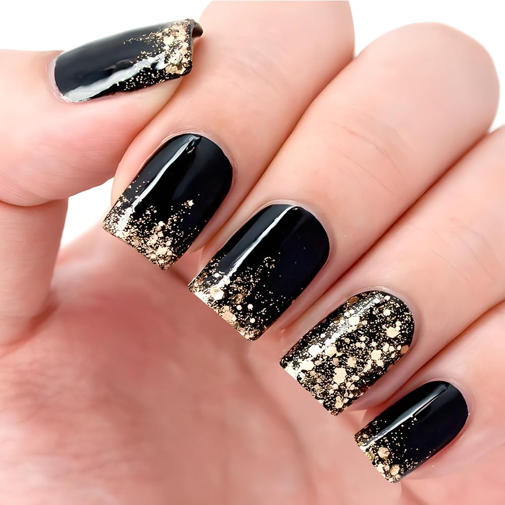 Black Press on Nails Short Square WLGDLH French Fake Nails Glitter Ombre False Nail Art Tip with Gold Glitter Design Acrylic Nails Full Cover Glossy Glue on Nails for Women Girls 24 Pcs