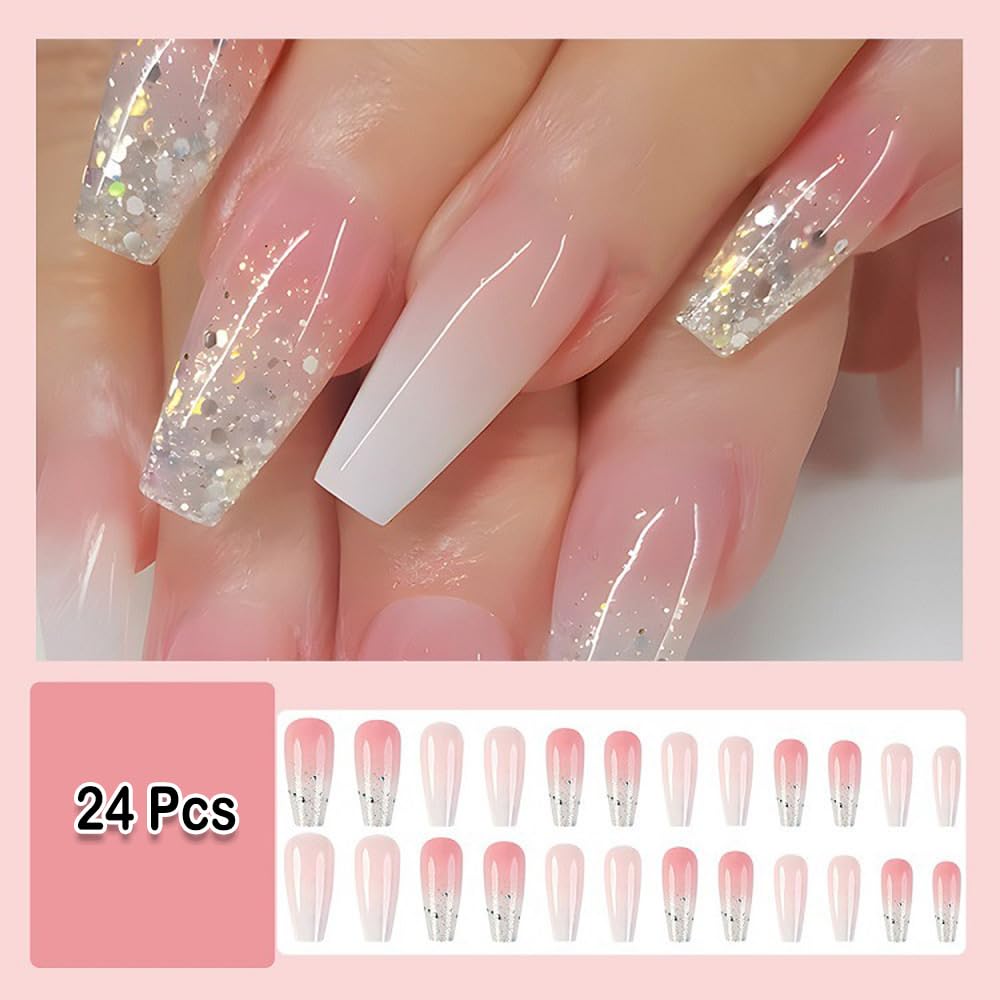 Ombre White Medium Coffin Press-On Nails with Glue, Glitter Designs, Set of 24 - Image 2