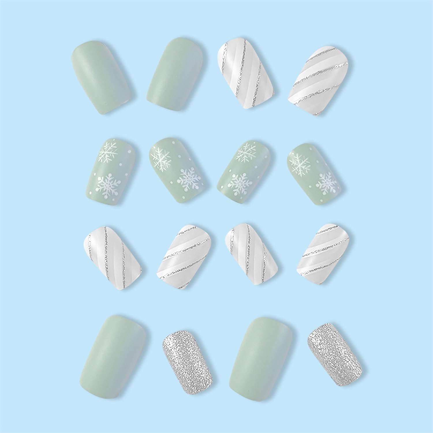 24 Piece Short Christmas Snowflake Stripe Press On Nails Kit for Women - Image 4