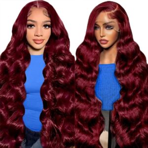 99j Burgundy Lace Front Wigs Human Hair 28 Inch 13x4 Body Wave Lace Front Wigs Human Hair Glueless Pre Plucked Pre Cut Red 180 Density for Women