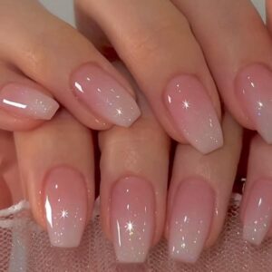 Glitter Ombre Pink Short Coffin Short Coffin Press on Nails Medium Press ons, Medium Square Glue on Nails Fake Nails for Women, Ballerina T Shape Acrylic False Nail Natural Handmade