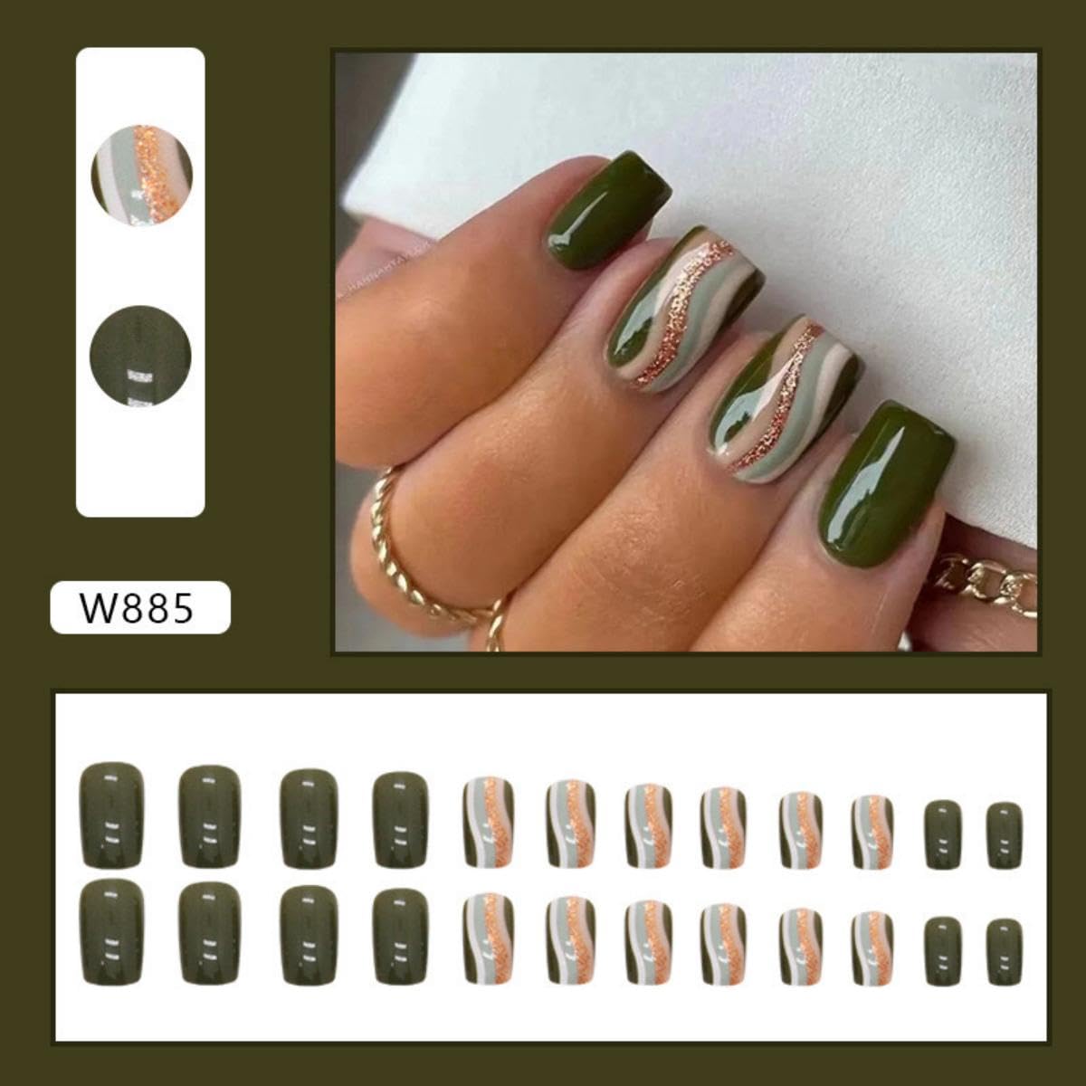 Green Short Square Press-On Nails 24pc Pack Gold Glitter Line Design Daily Wear - Image 7