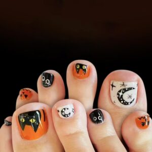 Halloween Press on Toenails Short Square Fake Toenails with Black Cat Design Glossy Orange Pumpkin Glue on Toenails Star Moon False Toenails Eye Holiday Stick on Toenails for Women Manicure 24Pcs