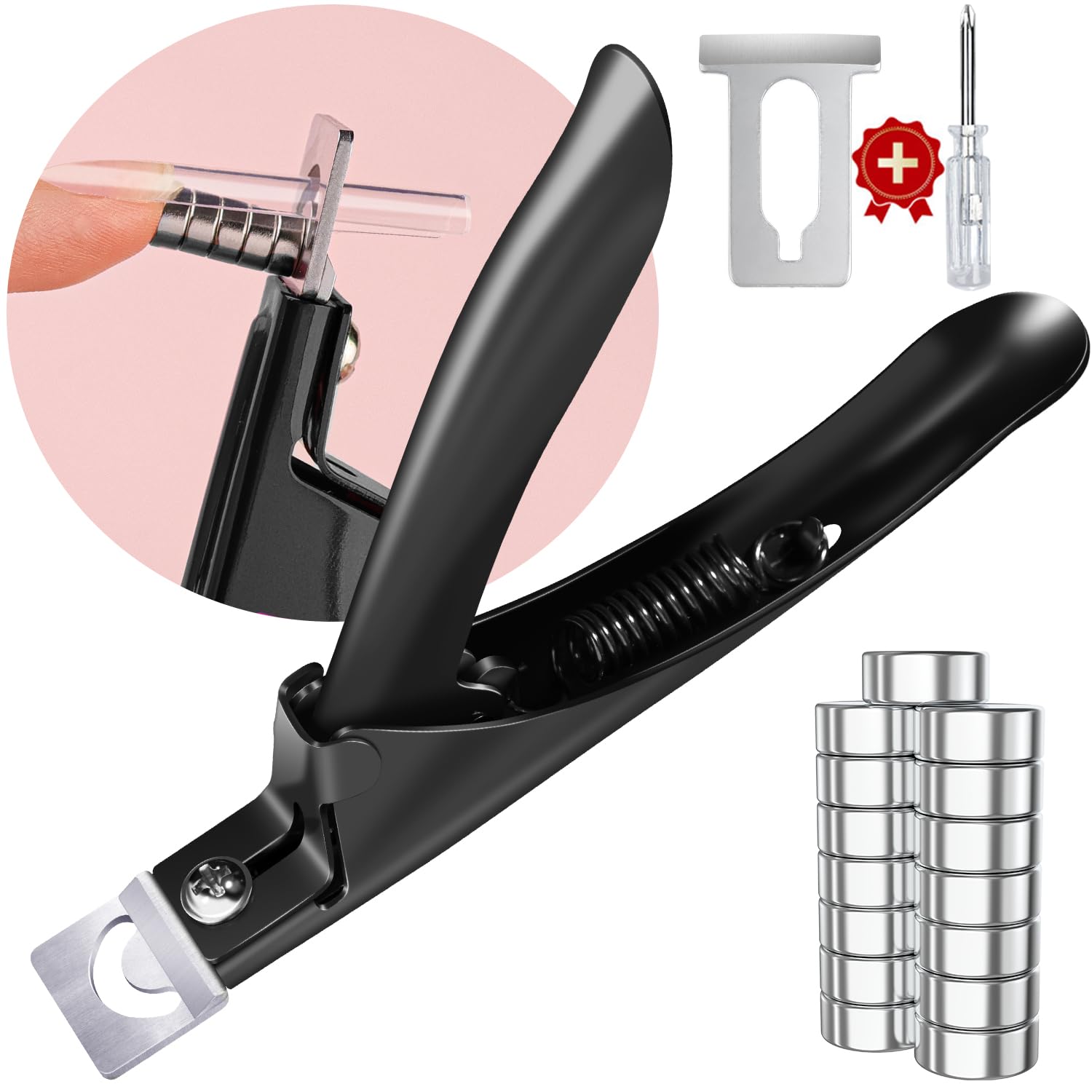 Black Premium Adjustable Nail Clippers with Magnets Sizers for Acrylic Nails, Stainless Steel Nail Cutter Trimmer for Artificial Fake False Tips Manicure Sharp Blade Clip Tool for Salon Beauty