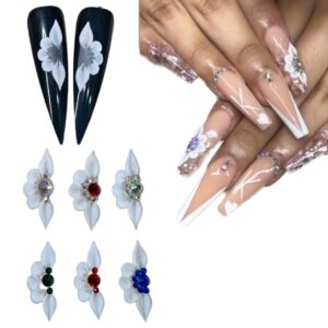 Set 10Pcs 3D Flowers Nails Charms With Rhinestone Gems Handmade by Acrylic Powder Design For Long Nail L,XL,XXL Flower Nail Art Floral Salon Decor Women Girls (White No Rhinestones-10Pcs)