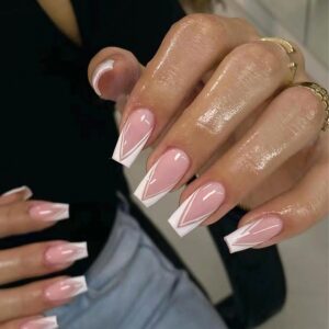 White French Tip Press on Nails Medium Coffin Fake Nails Glossy Translucent Acrylic Nails Simple False Nails Cute Nails Medium Natural Artificial Nails for Women 24 Pcs