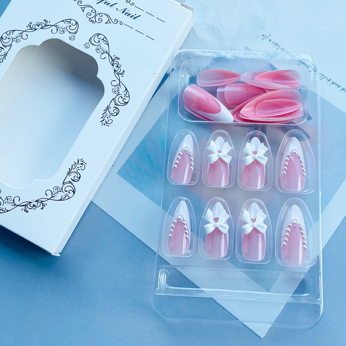 Medium Glossy Almond French Tip Pearl Bow Design Press on Nails 24 Count - Image 2