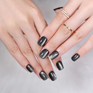 Cat Eye Short Square Press On Nails, Ethereal Glow in a Dewy Gray-to-White Gradient, Glossy Gel Finish Acrylic Nails Press Ons Short, Thick Natural Reusable Glue On Nails For Women, Dewy Grey