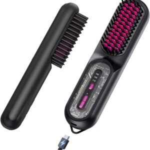 Cordless Hair Straightener Brush for Women - HFcoupe Electric Hot Comb Rechargeable Travel Portable Thermal Brush, Fast Heat Mini Straightening Tools with Ionic, Salon Smooth Styles Anywhere Black