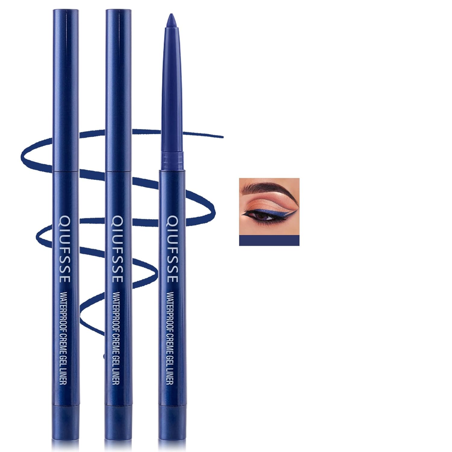 3PCS Blue Eyeliner Pencil Waterproof Eyeliner Pen Retractable Colorful Eyeliner Easy to Use Eyeliner Pen for Women,Pro Delineador De Ojos A Prueba de Agua(Dark Blue Shine)