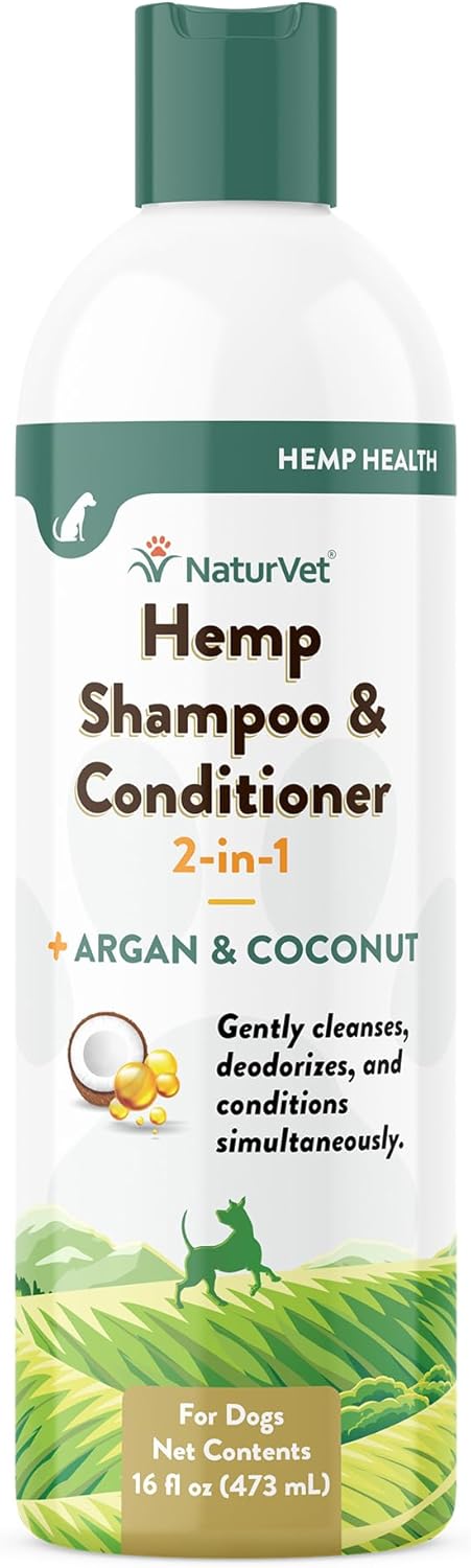 NaturVet Hemp Shampoo & Conditioner 2-in-1 with Argan and Coconut for Dogs, 16oz Liquid, Made in The USA