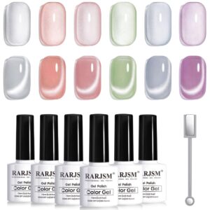 RARJSM Moonlight Cat Eye Gel Nail Polish Set 6 Pcs Smoothie Ceramic Glitter Shimmer Grape Purple Silver White Blue Green Pink Velvet Mirror Cateye Gel Polish with Magnetic Stick UV LED Curing Require