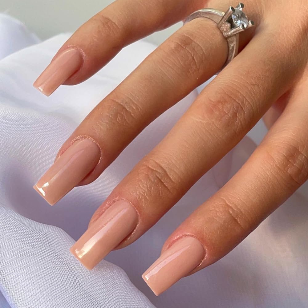 Coral Pink Glue on Nails Medium Length,KXAMELIE Press on Nails Long Square,Artificial Nails Acrylic Salon Perfect Gel Nails,Natural Nails Stick on Nails for Women and Girls,24PCS Valentines Nails