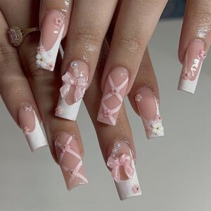 Pink Press on Nails Medium Long Square - SHANRUN Fake Nails Press ons French Nail Art Tip Glue on Nails Full Cover False Nails with 5D Bow Camellia Charms Design Stick on Nails Acrylic Kit 24 Pcs/Set
