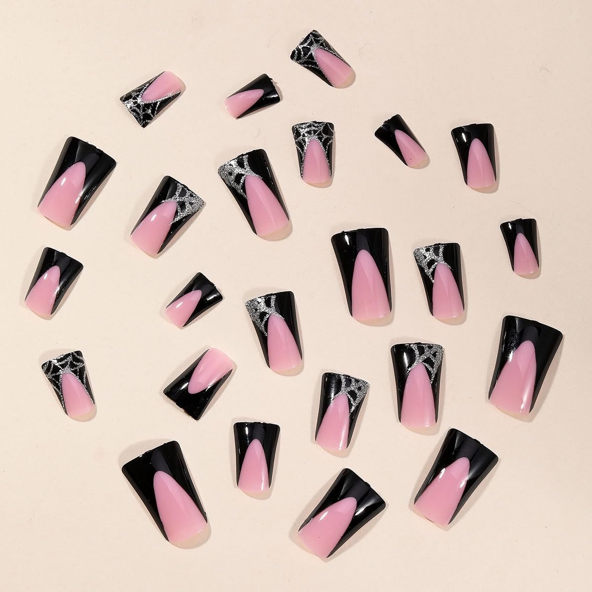 24Pcs Medium Duck Nails Press On Black French Tip with Spider Web Glitter Design - Image 2