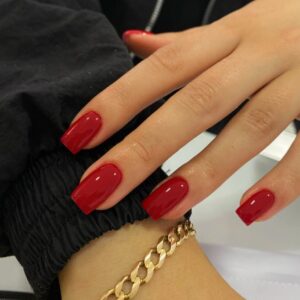 KQueenest Red Press on Nails Medium Square Glue on Short Length, Solid Color Fake Coffin Acrylic Gel Nails for Women Reusable False Nails in 24 PCS