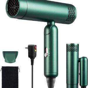 Foldable Hair Dryer, Fast Drying Ionic Blow Dryer, Travel Hair Blow Dryer with Removable Nozzle and Storage Bag, Lightweight Portable Hairdryer for Women, Green