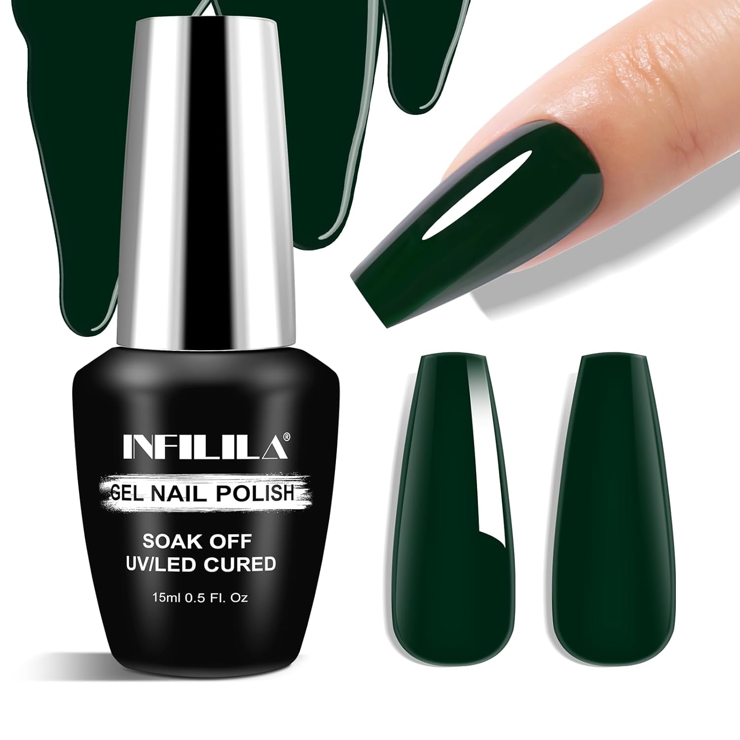 NXJ INFILILA Green Gel Nail Polish, 15ml 0.51oz One-Stroke Coloring Dark Green Gel Nail Polish, Hema Free Forest Color Soak Off UV LED Manicure DIY for Women Girls SQ067