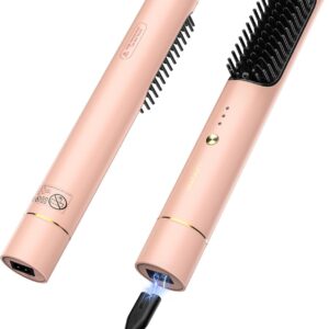 Cordless Hair Straightener Brush,Ceramic Straightening, Portable Straightening Brush for Travel, Ionic Hot Comb Straightener for Women with Fast Charging and Plugging Dual Power (Pink)