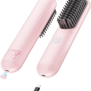 TYMO Cordless Hair Straightener Brush - Porta ECO Portable Straightening Brush for Travel, Mini Hot Ionic Straightener Comb for Women, Ceramic Coating, Lightweight for Touch-ups, No Charger, Pink