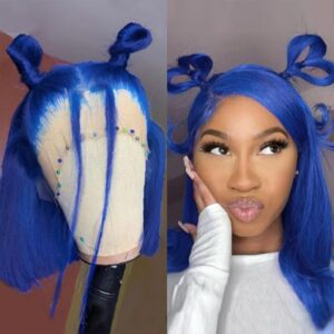 Pre Plucked HD Transparent 13X4 Straight Blue Blunt Cut Bob Wig Human Hair Lace Frontal Wigs With Baby Hair Wear and Go Glueless Bob Wigs Human Hair Lace Front Blue Short Bob Wigs For Black Women