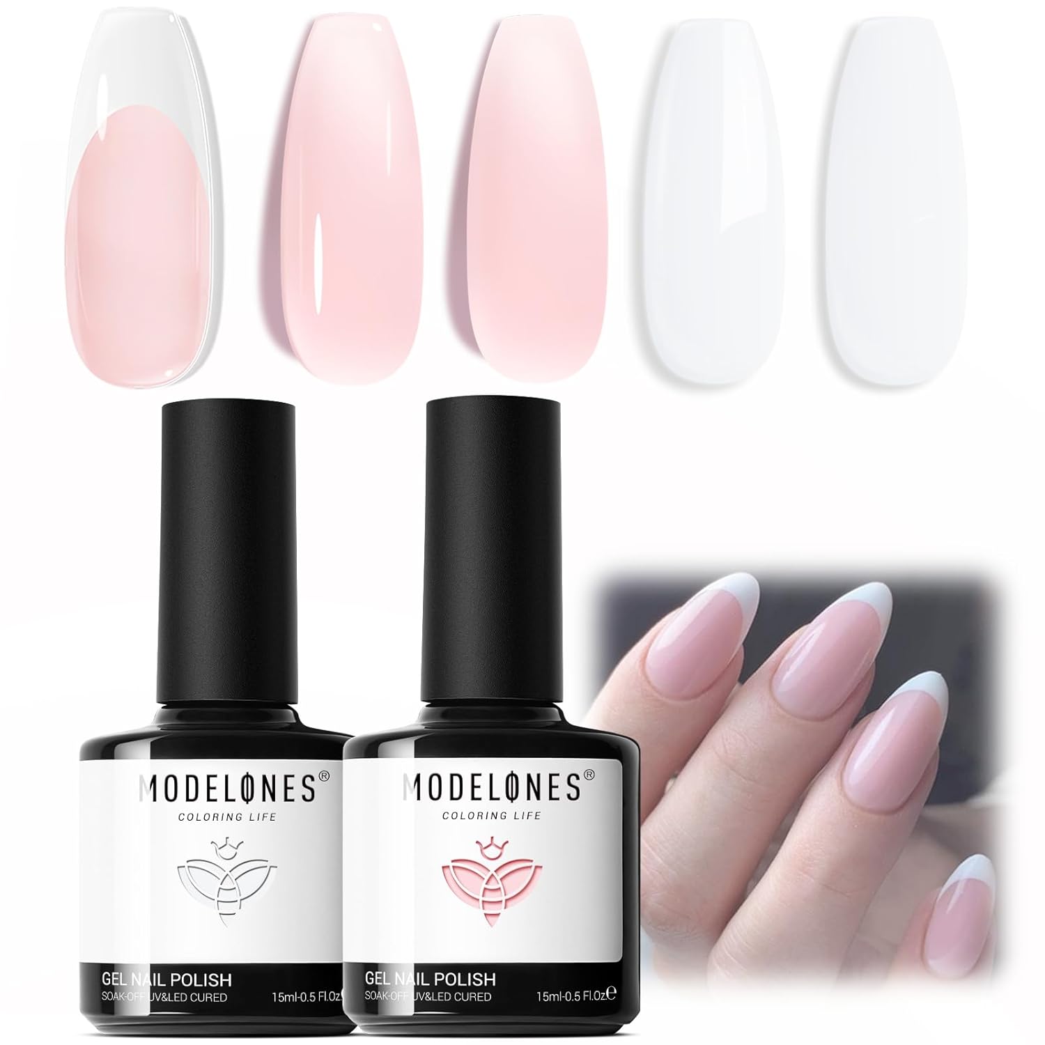 modelones Gel Nail Polish 2 PCS 15 ML Set French Manicure White Sheer Nude Jelly Pink Gel Nail Polish Soak off U V LED Classic French Tip Summer Nails Art Manicure Salon Home DIY Trend Gift for Women