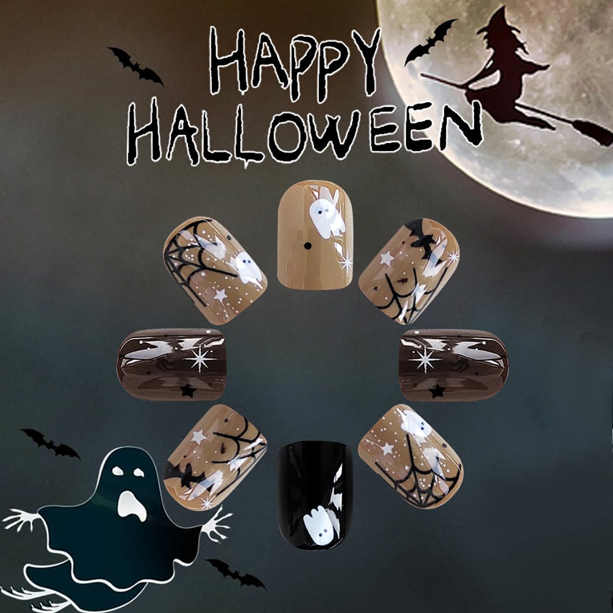 24 Piece Short Halloween Press-On Fake Nails Set with Ghost, Bat, Spider Web Designs - Image 4