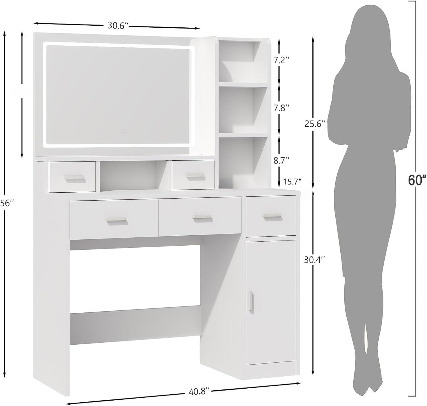 Vanity Desk with Mirror and Soft Lighting, Makeup Vanity with Drawers for Bedroom (White) - Image 6
