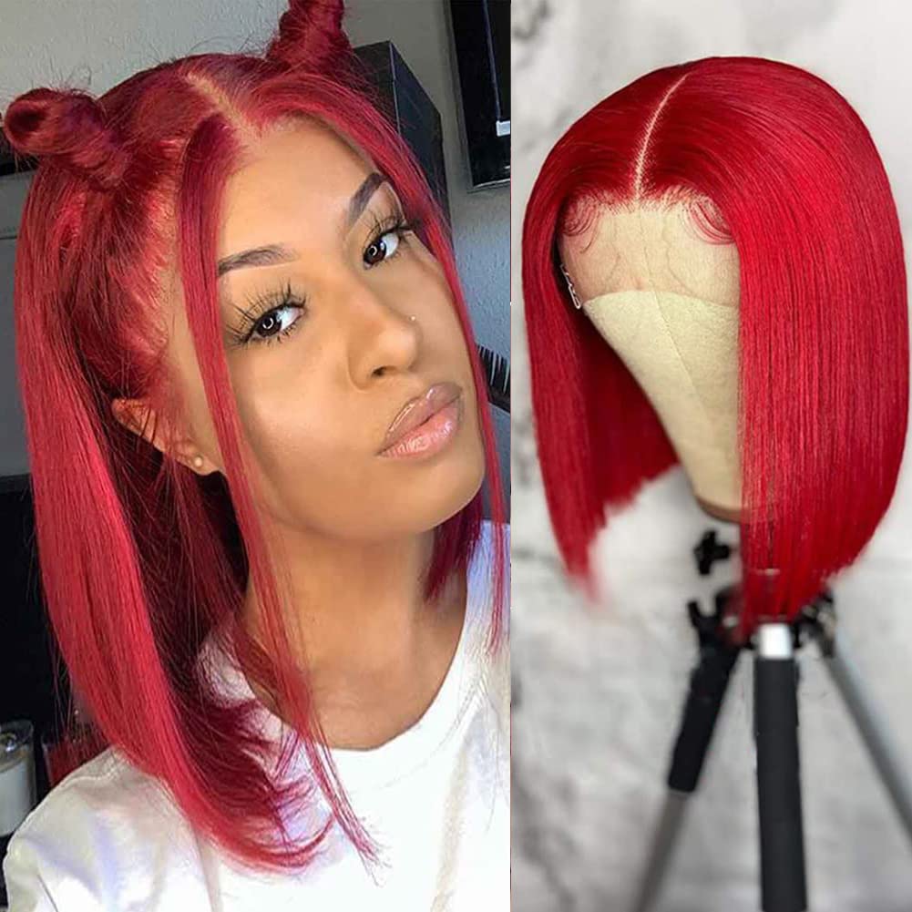 Burgundy Bob Wigs Human Hair Natural Hairline13x4 Straight Short Bob Wig for Woman Wine Red Glueless Bob Wig Human Hair Pre Plucked 180% Density 14 Inch