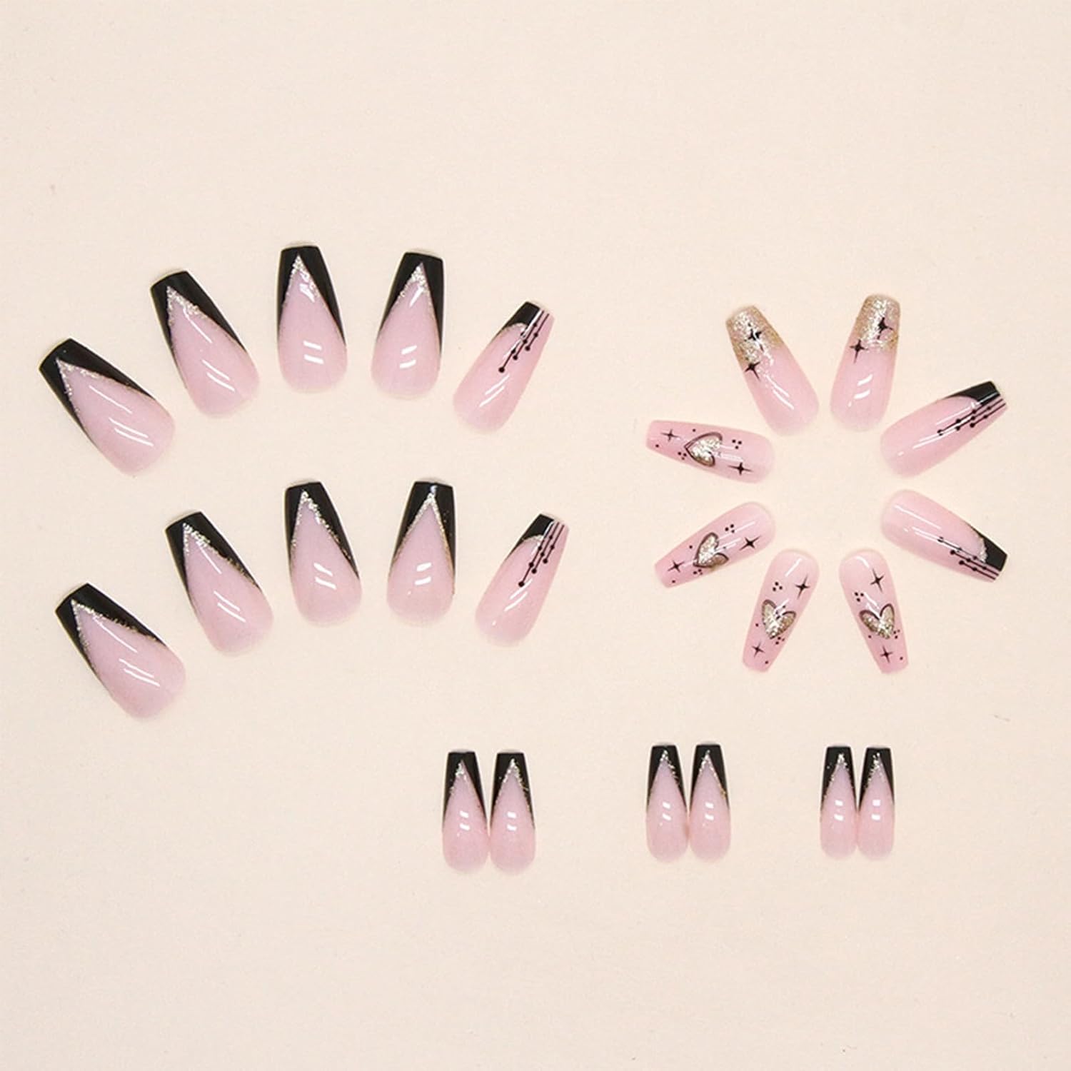 24 Piece Medium Square Press-On Nails Set Glitter Black Pink Nude - Image 2