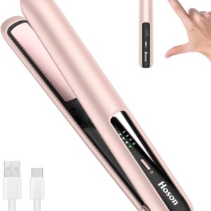 Hoson Cordless Hair Straightener,Portable Mini Flat Iron Travel for Short Hair,USB-C Rechargeable Wireless Hair Straightener and Curler 2 in 1 (Pink),for Touch Ups