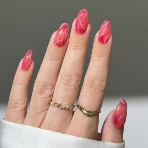 Pink Press on Nails Short Almond Fake Nails Press ons Glossy Oval Glue on Nails Cute Pink Ombre Acrylic Nails Marble Artificial Nails Bling Line Stick on False Nails with Design for Women Girls 24Pcs