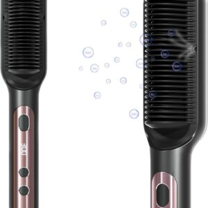 Hair Straightener Brush with 9 Temps - Negative Ionic Straightening Brush for Hare Care, Ceramic Straightener Comb with Anti-Scald Design, 30s Fast Heating & Auto-Off, Dual Voltage