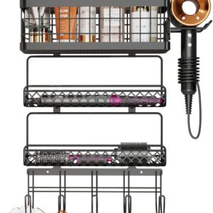 Hair Tool Organizer Wall Mount Metal Hair Dryer Holder with 3 Tier Shelf Storage Wire Basket Hook, Hot Tools Organizer Cabinet Door Flat Iron Holder for Blow Dryer, Curling Iron, Straightener