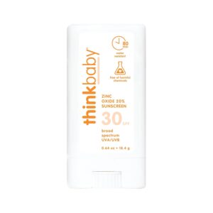 Thinkbaby SPF 30 Sunscreen Stick – Safe, Natural, Water Resistant Sun Cream for Babies, Kids & Adults – Mineral UVA/UVB Sun Protection – Reef Friendly Travel Stick, 0.64 oz