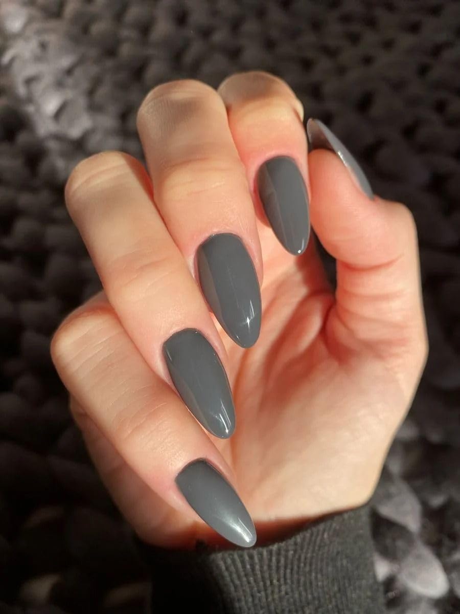 Glamermaid Medium Oval Grey Press-On Nails with Adhesive Tabs - Reusable Acrylic Full Cover - Image 5