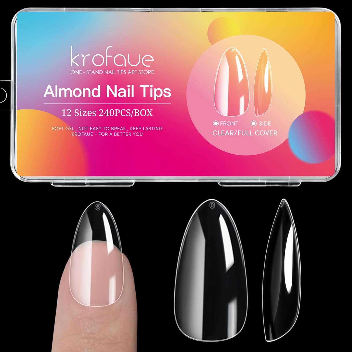 krofaue 240Pcs Short Almond Nails Tips - Soft Gel Clear No Crease Pre-shape Oval Artificial Acrylic False Full Cover Press on Nails for Home DIY Art