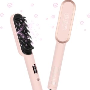 Prizm Hair Straightener Brush, 20s Fast Heating, Negative Ions Hair Straightening Brush with Less Frizz, 4 Temp Settings & LED Display, Anti-Scald Design, Gift for Women, Dual Voltage, Pink