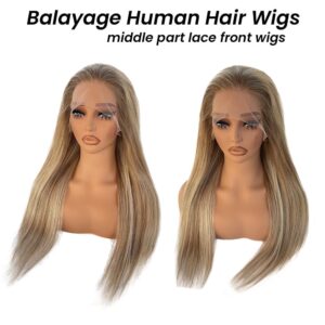 Balayage Blonde Wig Human Hair with Light Brown Roots Lace Front Wigs 13x4 HD Glueless Wigs Virgin Human Hair Pre Plucked 150% Density 28 Inch Ombre Brown Balayage Blonde Highlights Lace Front Wig