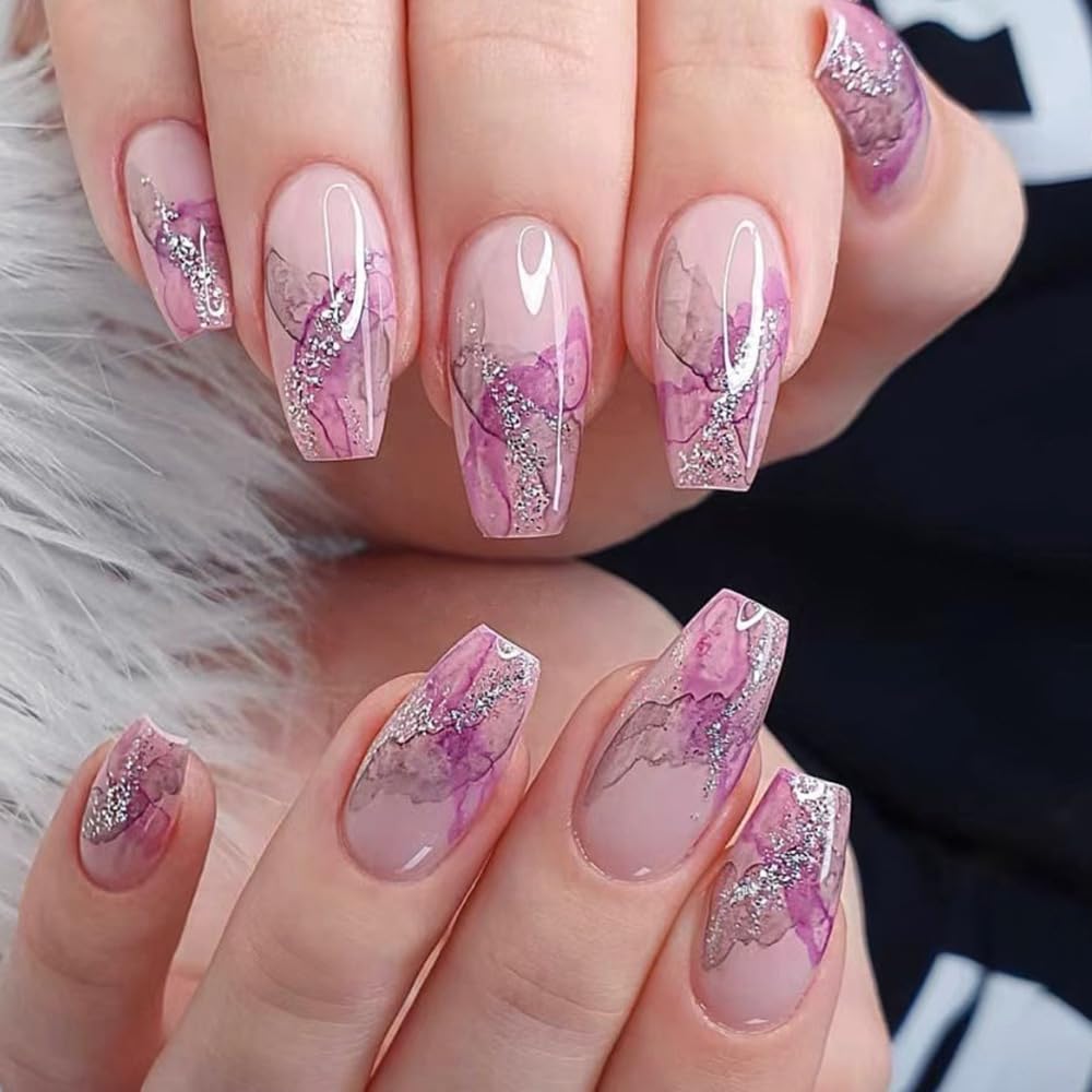Coffin Press on Nails Purple Pink Medium Fake Nails with Marble Glitter Silver Design Gel Glue on Nails for Wedding Birthday Acrylic Stick on Nails with Glue Manicure False Nails DLP1276