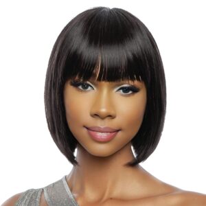 Bob Wigs with Bangs Human Hair Straight Glueless Wig for Black Women 100% Brazilian Virgin Human Hair Machine Made None Lace Front Wigs Natural Black 10 Inch Wig for Daily Party Use
