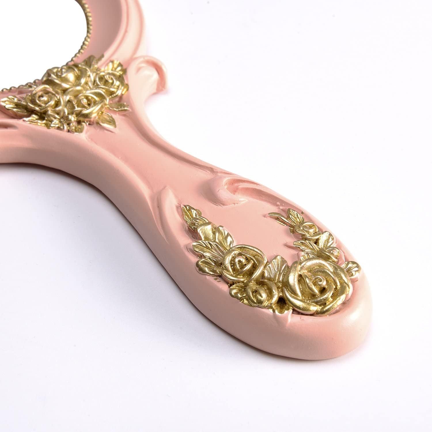Nerien Pink Oval Handheld Makeup Mirror Decorative Rose Design - Image 4
