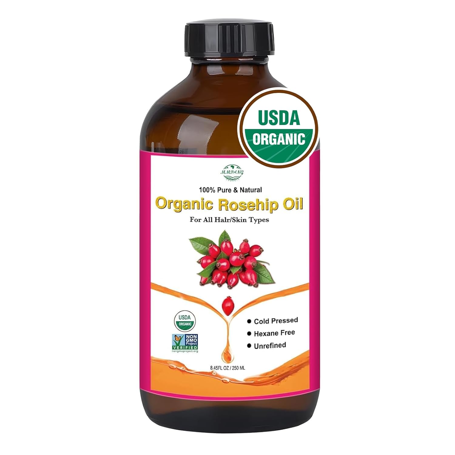 Rosehip Seed Oil for Face, 100% Pure Natural Organic Rosehip Oil Cold Pressed Unrefined Facial Oil for Anti-Aging, Acne Scar, Moisturizing Skin Hair Care (No Dropper, 8.45oz/250ml)