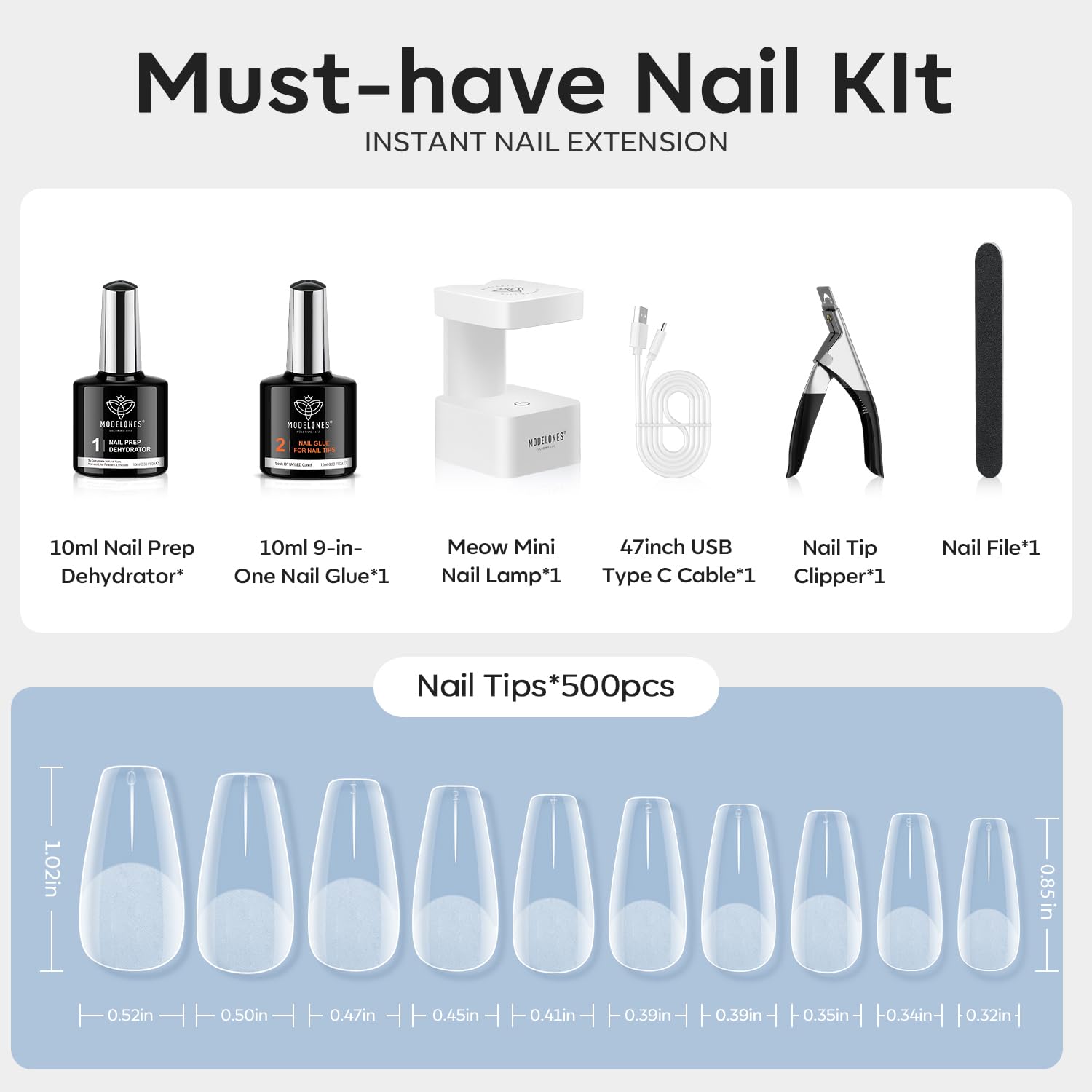 Modelones Medium Coffin Gel Nail Kit with 500 Fake Nails, 9-in-One Glue, and Mini UV Light - Image 6