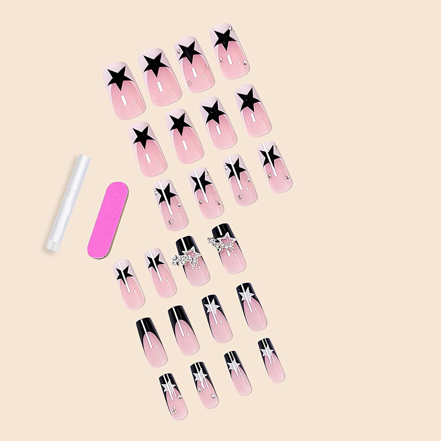 BABALAL Medium Square French Tip Press on Nails with 3D Star Charm and Rhinestones, 24 Pcs - Image 2
