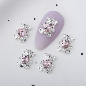 10Pcs Valentine’s Day Nail Charms 3D Silver Bear with Heart Nail Art Charms Cute Nail Gems with Pink Rhinestones Cute Bear Charms for Nails Charms for Acrylic Nails Supplies DIY Nail Art Decorations