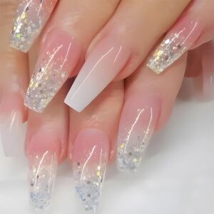 Ombre White Press on Nails Coffin Medium Length Fake Nails with Glue Acrylic Glitter Glue on Nails with Designs Fantasy Gel Manicure False Nail for Women Bling Stick ons Nails for Wedding
