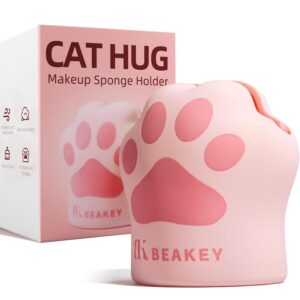 BEAKEY Cat Hug Makeup Sponge Holder, Silicone Beauty Sponge Blender Case with Vent Design for Quick Drying, Compact Travel Essentials Make Up Puff Blender Container - Pink
