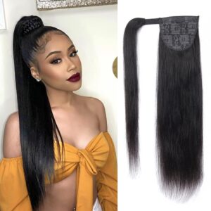Straight Ponytail Human Hair Extensions 10A Brazilian Wrap Around Ponytail for Black Women Unprocessed Remy Human Hair Pony Tail Clip In Extension Hairpiece 110g (18 Inch)