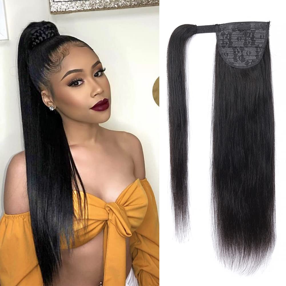 Straight Ponytail Human Hair Extensions 10A Brazilian Wrap Around Ponytail for Black Women Unprocessed Remy Human Hair Pony Tail Clip In Extension Hairpiece 110g (18 Inch)
